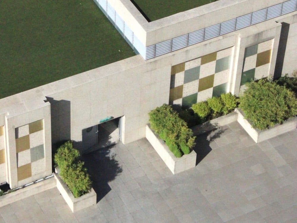 Toiture-terrasse végétalisée et terrasse à jardinières d'un bâtiment moderne, vue en plongée.