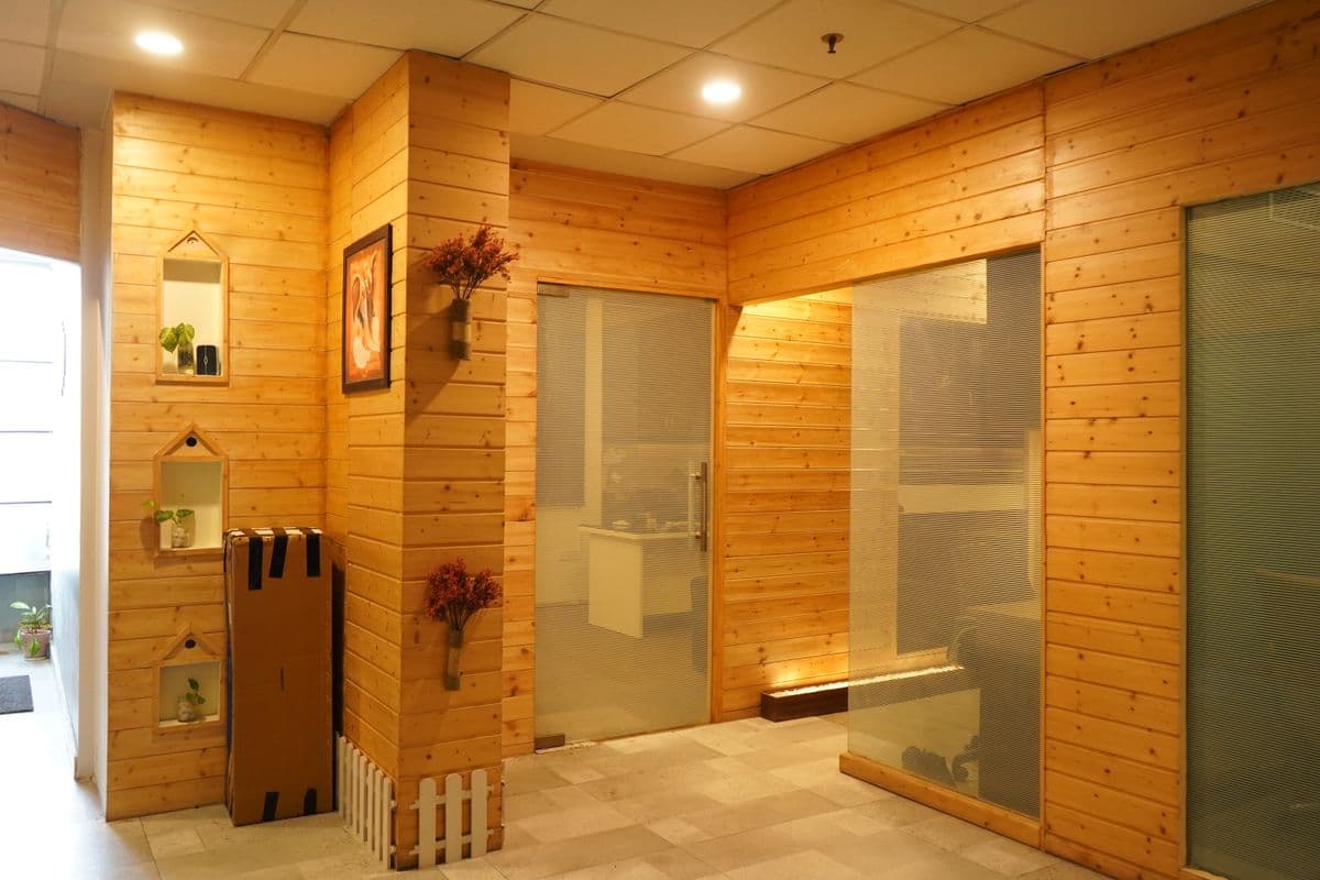 Espace de bureaux chaleureux : murs et mobilier en bois, cloisons vitrées.